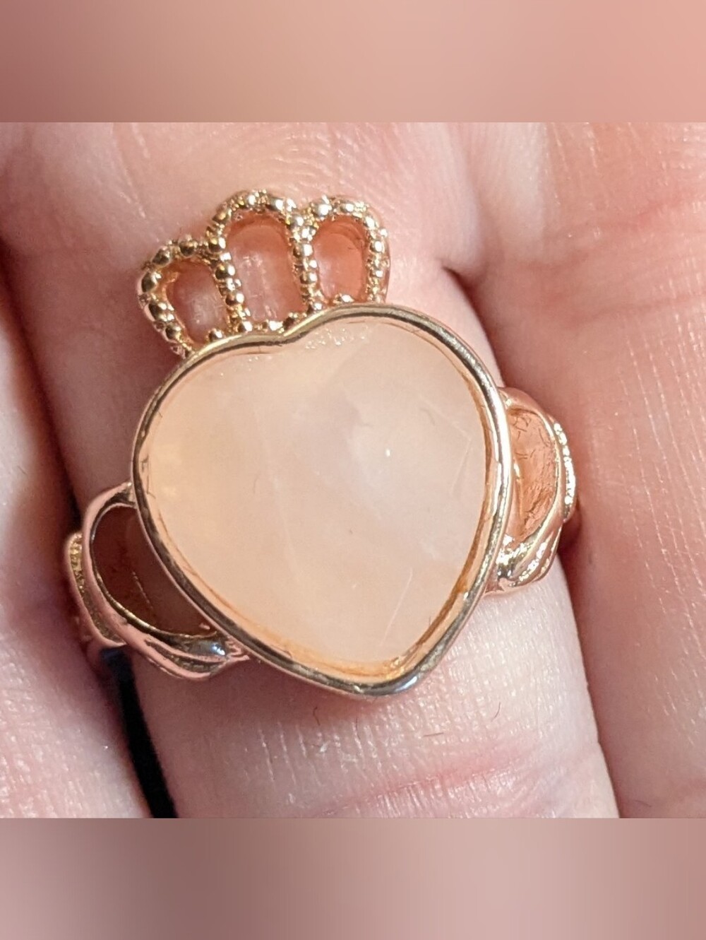 Rose Gold 12mm Rose Quartz Heart Shaped W Crown Claddagh Ring Size 7